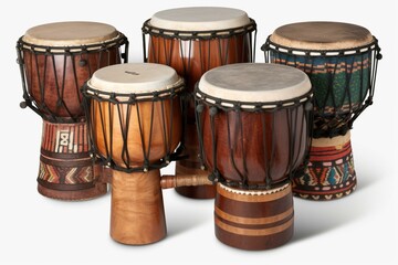 Assorted percussion drums including bongos on a transparent background. Generative AI