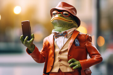 Frog as proud haughty man in fashionable clothes taking selfie with smartphone. Generative AI - 659443601