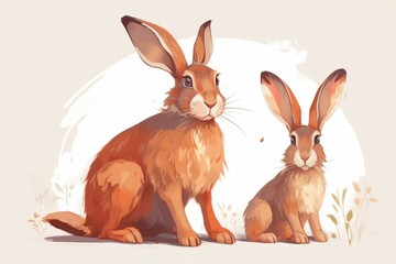 Adorable cartoon hares - parent and offspring. Suitable for illustrations, cards, posters, postcards, and children’s prints. Generative AI