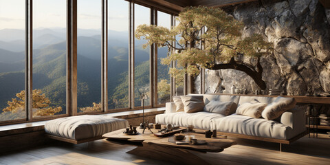 Interior Design, Minimalistic Living room with serene nature view, Beautiful villa design in the forest