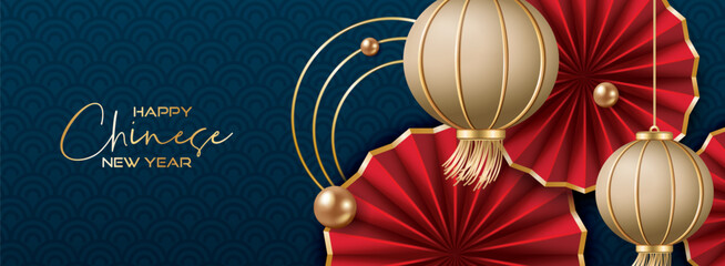 Chinese new year banner with folding fans and lanterns on dark blue background.