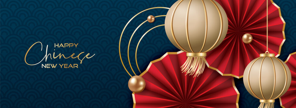 Chinese New Year Banner With Folding Fans And Lanterns On Dark Blue Background.