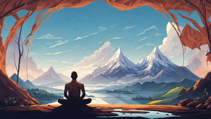 man meditating natural background - obrazy, fototapety, plakaty