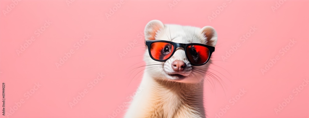 Wall mural Ferret in sunglass shade on a solid uniform background, editorial advertisement, commercial. Creative animal concept. With copy space for your advertisement