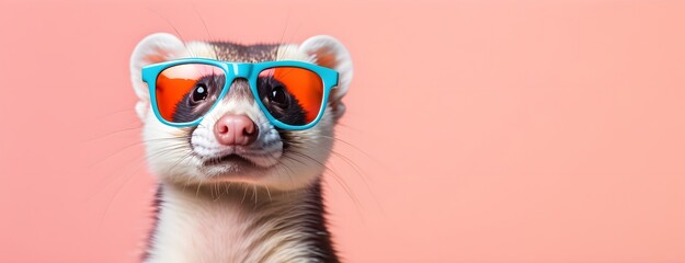 Ferret in sunglass shade on a solid uniform background, editorial advertisement, commercial. Creative animal concept. With copy space for your advertisement