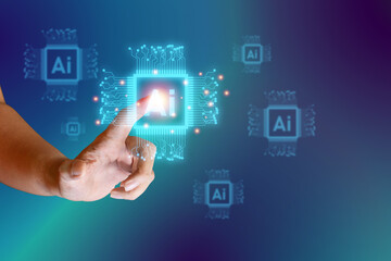 Finger touching on artificial intelligence or AI interface diagram and on blue background. Connection of technology and innovation, machine learning. Technology and science concept.