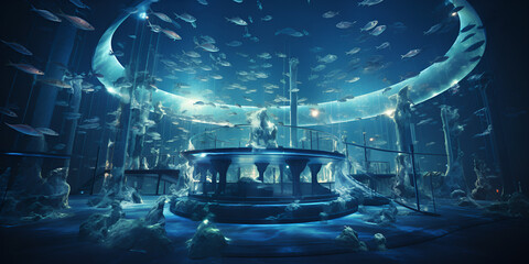 Immersive Underwater Symphony: Futuristic Fish Aquarium - obrazy, fototapety, plakaty