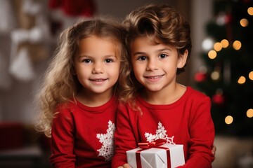 Fototapeta na wymiar Two cute kids boy and girl in red sweatshirts on blurry Christmas background.