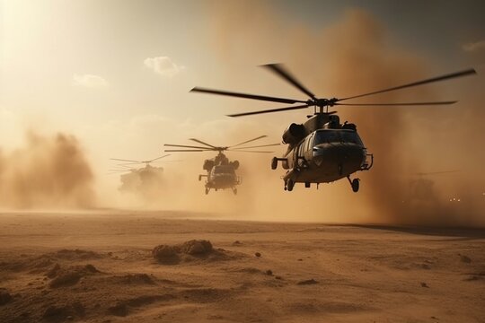Warfare in desert with military helicopters. Generative AI