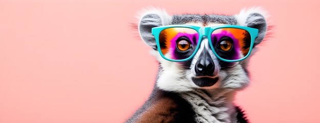 Lemur in sunglass shade on a solid uniform background, editorial advertisement, commercial. Creative animal concept. With copy space for your advertisement