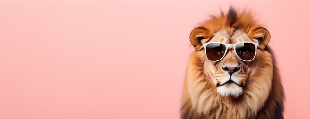 Lion in sunglass shade on a solid uniform background, editorial advertisement, commercial. Creative animal concept. With copy space for your advertisement