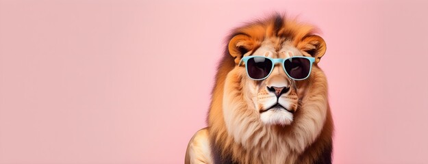 Lion in sunglass shade on a solid uniform background, editorial advertisement, commercial. Creative animal concept. With copy space for your advertisement