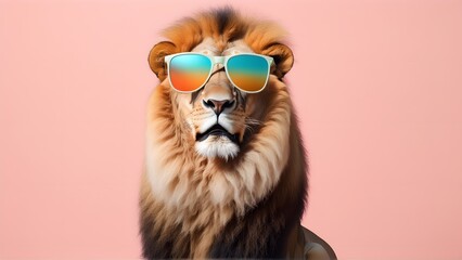 Lion in sunglass shade on a solid uniform background, editorial advertisement, commercial. Creative animal concept. With copy space for your advertisement