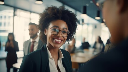 Leader black businesswoman in a modern office,  Woman Entrepreneur, African-American, Female CEO, woman boss in large corporation, smiling, office corporate portrait