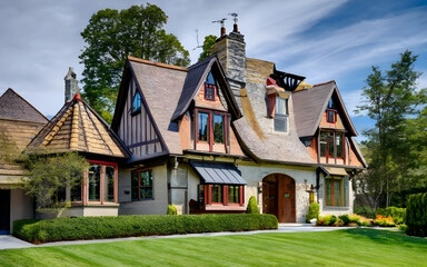 Timeless Beauty,Classic Tudor-Style Home with Timber Framing and Steeply Pitched Roof
