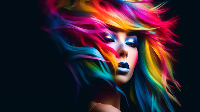 Colorful banner with beautiful woman with wavy multicolored hair in rainbow colors on black background. Hair salon beauty shop banner template. Cosmetics fashion concept