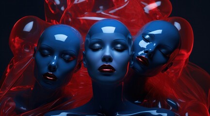 A mesmerizing display of bold artistry, as a flock of blue mannequins adorned with fiery red lips beckon with their enigmatic presence