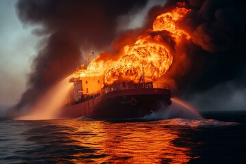 Firefighting vessel douses ablaze sinking freighter with high-pressure water. Maritime calamity, vessel sinking at sea. Generative AI - obrazy, fototapety, plakaty