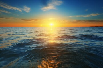 An azure sea with a radiant sun on the horizon. Generative AI