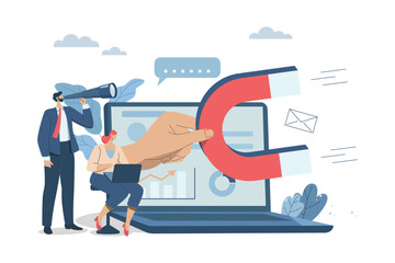 Marketing materials find more new customers and campaigns that attract new customers, Businessman looks into binoculars, Businesswoman searches for customers and big hand holds a magnet.