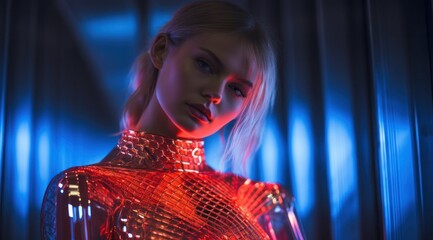 A fiery woman, her lips painted red, exudes confidence in a transparent dress as red and blue lights dance around her portrait, captivating all who gaze upon her