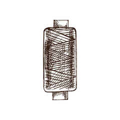 Hand-drawn sketch of skein of thread. Handmade, sewing equipment concept in vintage doodle style. Engraving style.