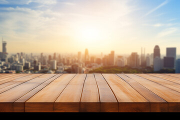 Top surface wooden table with blurred buildings and sun light background.