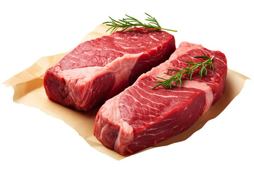 Uncooked beef steaks, starkly contrasting on a white background PNG