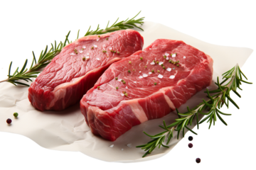 Uncooked beef steaks, starkly contrasting on a white background PNG