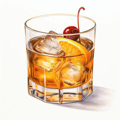 Whiskey with ice and cherry on a white background. 3d illustration