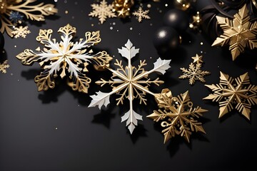 Christmas black background with paper cut white and gold snowflakes ,space for text