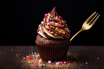 cupcake with delicious sprinkles and fork