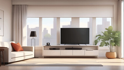 Vector cartoon living room interior with big windows, bed, chair, tv, table and houseplants.