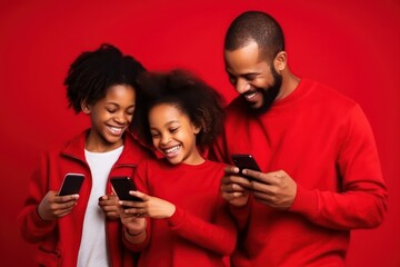 Happy African family using mobile phones on red background