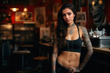 Young Female tattoo artist posing at her parlor