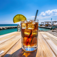 Glass of cocktail with ice and lemon on the beach. Summer vacation concept