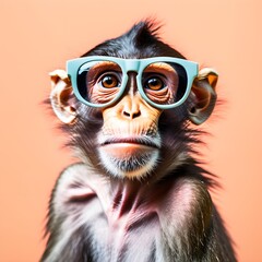 Monkey in sunglass shade on a solid uniform background, editorial advertisement, commercial. Creative animal concept. With copy space for your advertisement