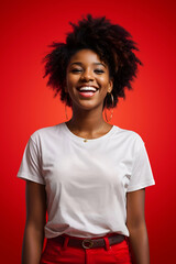 Portrait of a beautiful smiling young black woman wearing a white T shirt. Mockup design on red background