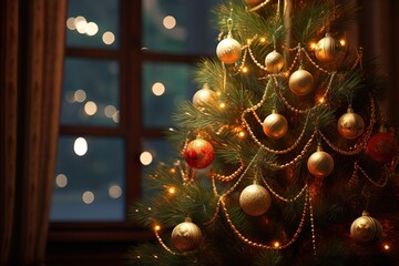Christmas Tree With Baubles And Blurred Shiny Lights