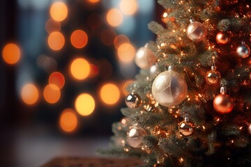 Christmas Tree With Baubles And Blurred Shiny Lights