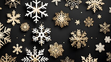 Christmas black background with paper cut white and gold snowflakes