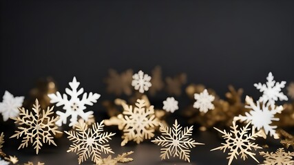 Christmas black background with paper cut gold snowflakes,copy space