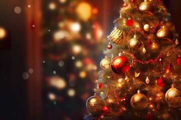 Fototapeta na wymiar Christmas Tree With Baubles And Blurred Shiny Lights