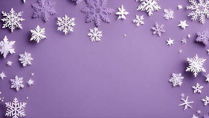Christmas flatlay purple pastel background with paper cut white and purple snowflakes, copy space
