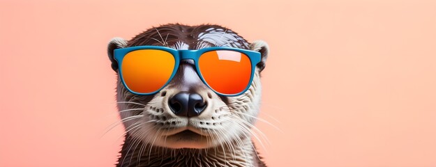 Otter in sunglass shade on a solid uniform background, editorial advertisement, commercial. Creative animal concept. With copy space for your advertisement