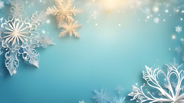 Christmas blue pastel soft background with paper white snowflakes,copy space