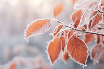 Orange beech leaves covered with frost in late fall or early winter. - obrazy, fototapety, plakaty