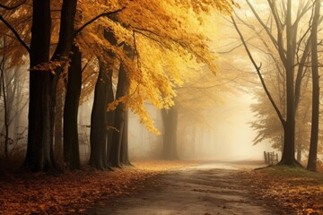 Magic autumn forest with walking path, beautiful autumn landscape.