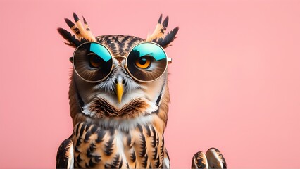 Owl bird in sunglass shade on a solid uniform background, editorial advertisement, commercial. Creative animal concept. With copy space for your advertisement
