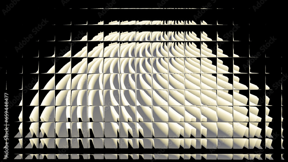 Poster many similar mosaic tiles making a full distorted design on a black background